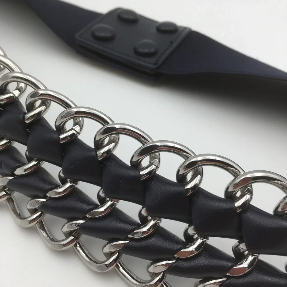 Navy Leather‎ and Silver Chain Braided Elastic Belt